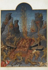 نقاشی کلیسایی جهنم در قرون وسطی - هیولاهای مامور عذاب مردگان را مانند سگ میکشند