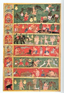 نقاش هندی قرن هجدهم سه قرن پس از رنسانس هنوز هیولاهای جهنم را در حال به سیخ کشیدن و چنگک فرو کردن در باسن محکومین تصویر میکند